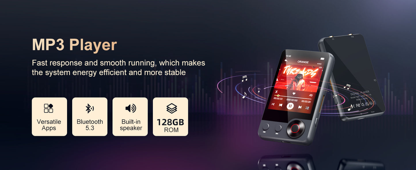 128GB MP3 player (with Bluetooth 5.3), 2.4’ portable full touchscreen music player (with speakers and Micro SD card slot)