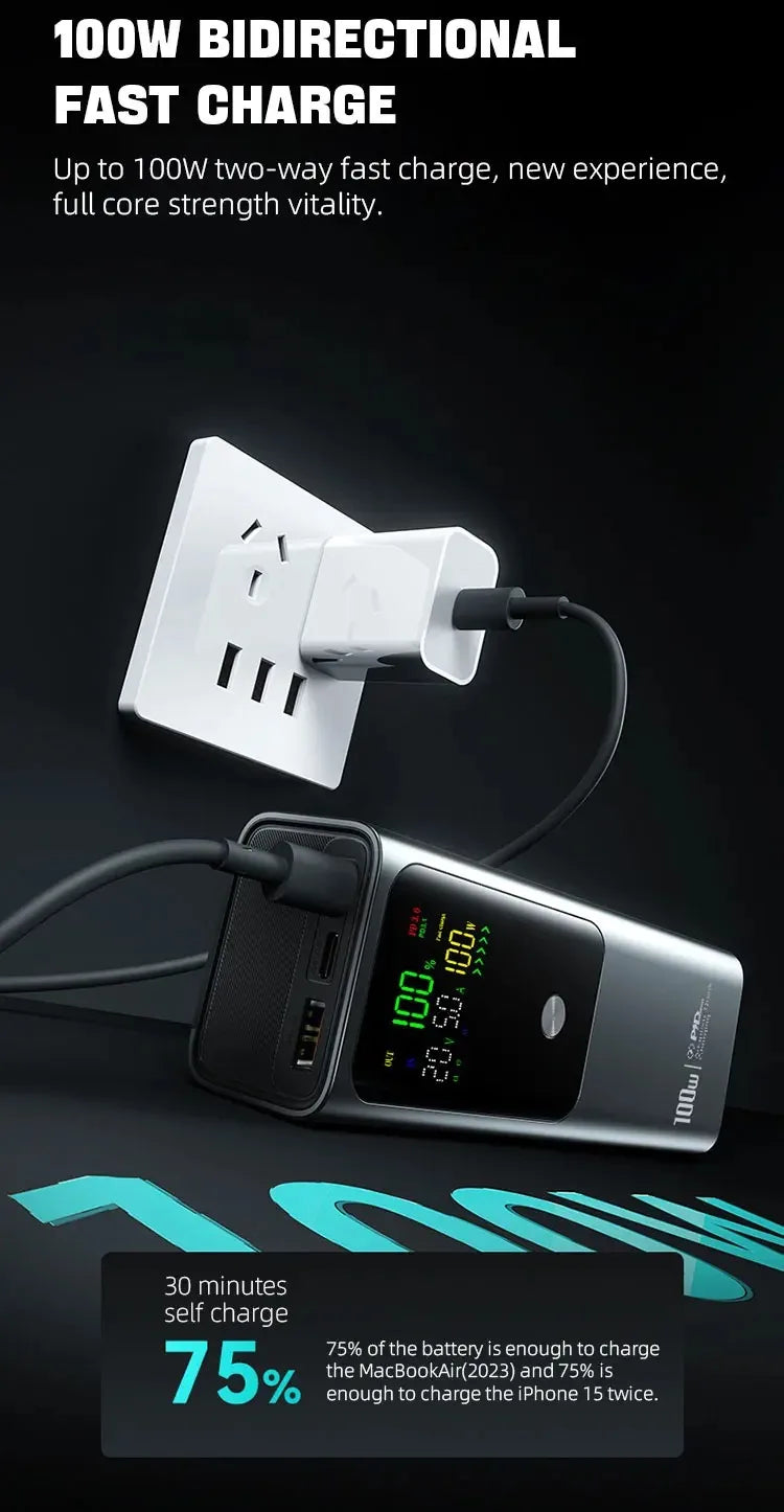 50000mAh Portable Color Screen Power Bank Supports PD100W Bidirectional Fast Charging Suitable For IPhone Laptop Samsung