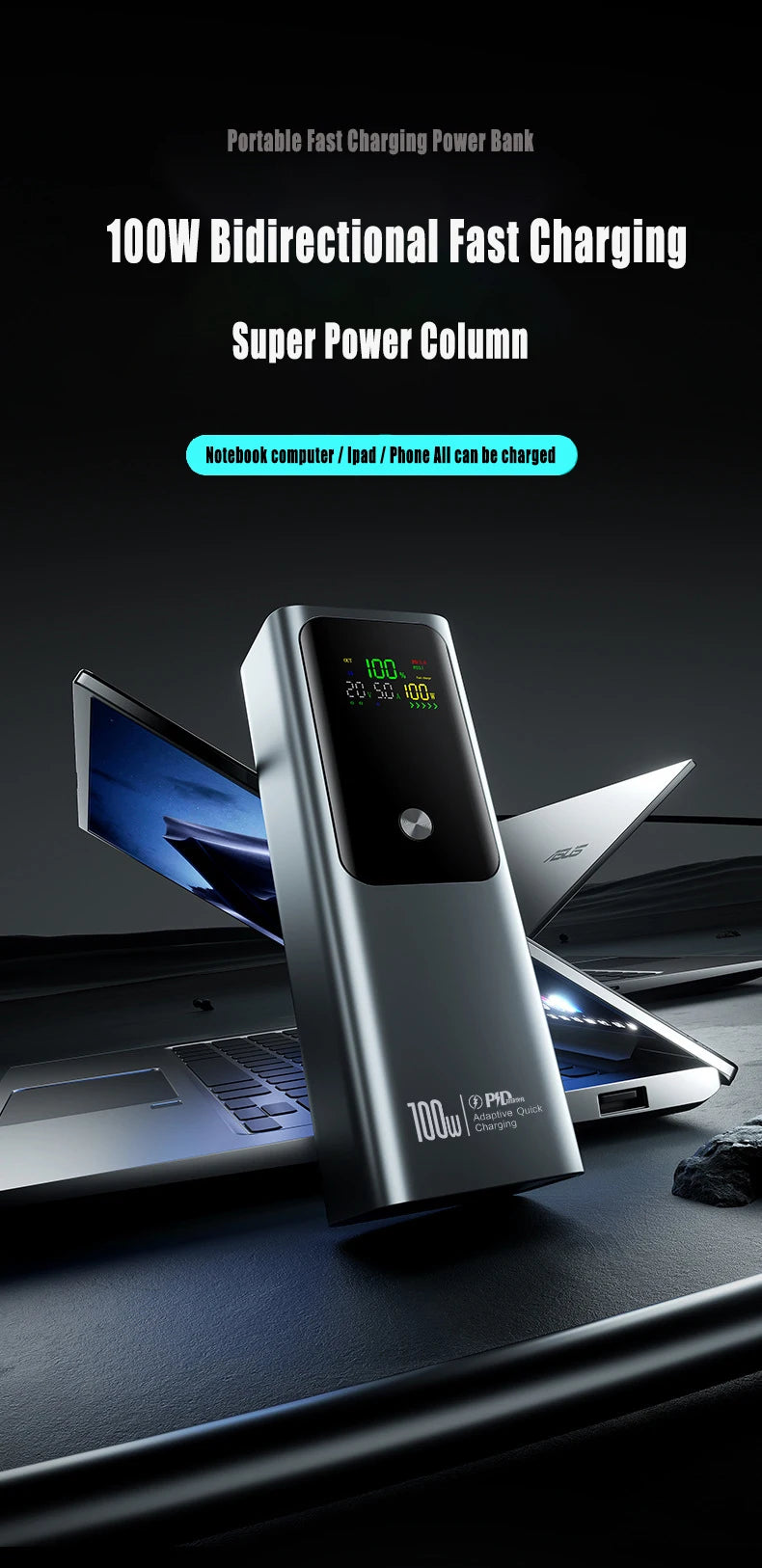 50000mAh Portable Color Screen Power Bank Supports PD100W Bidirectional Fast Charging Suitable For IPhone Laptop Samsung