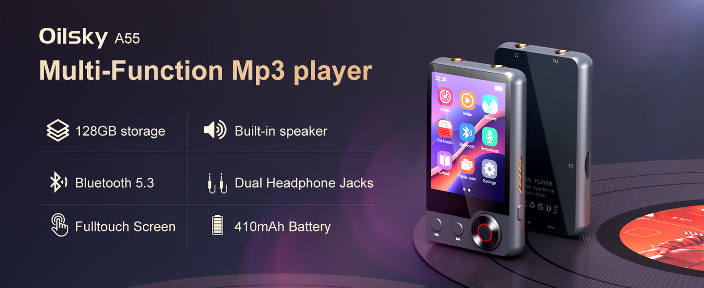 128GB MP3 player (with Bluetooth 5.3), 2.4’ portable full touchscreen music player (with speakers and Micro SD card slot)