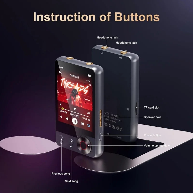 128GB MP3 player (with Bluetooth 5.3), 2.4’ portable full touchscreen music player (with speakers and Micro SD card slot)