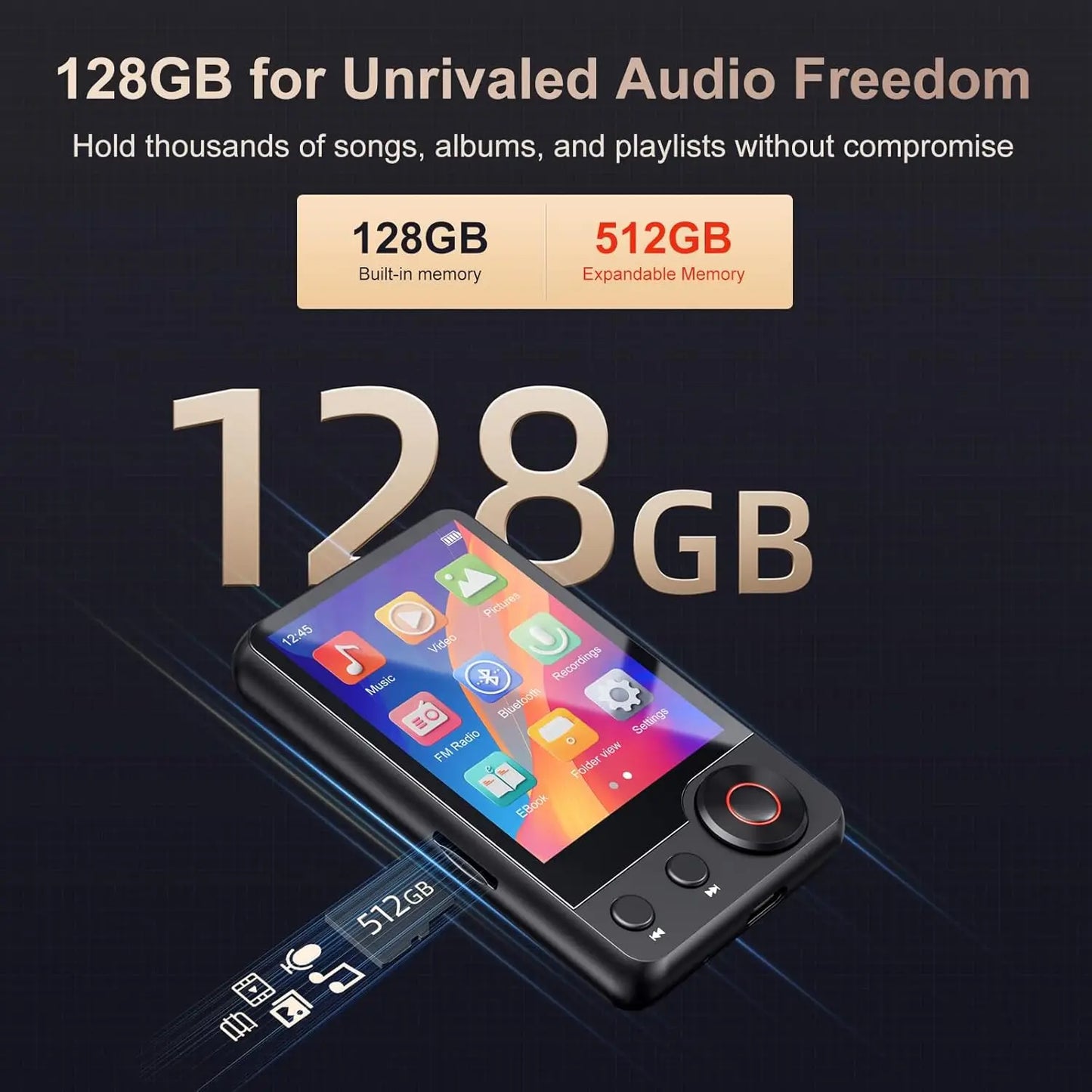 128GB MP3 player (with Bluetooth 5.3), 2.4’ portable full touchscreen music player (with speakers and Micro SD card slot)