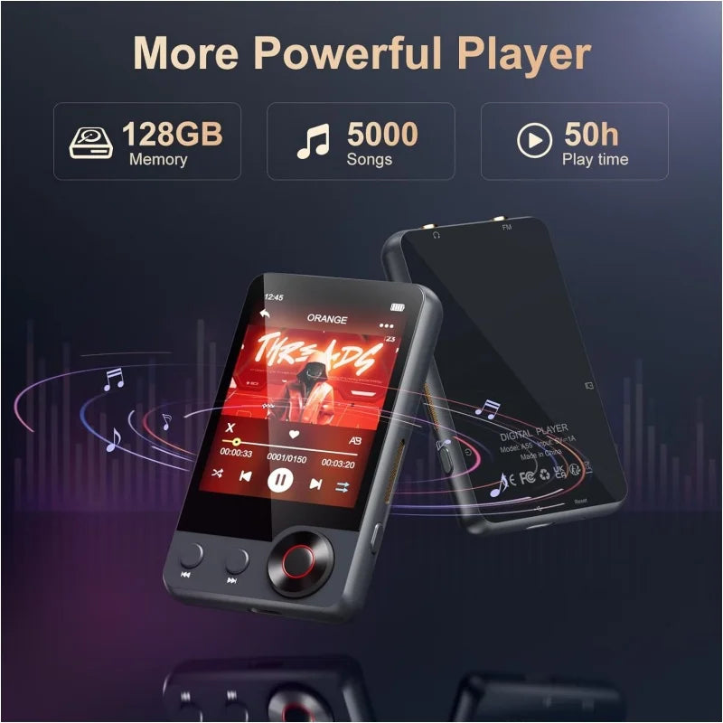 128GB MP3 player (with Bluetooth 5.3), 2.4’ portable full touchscreen music player (with speakers and Micro SD card slot)